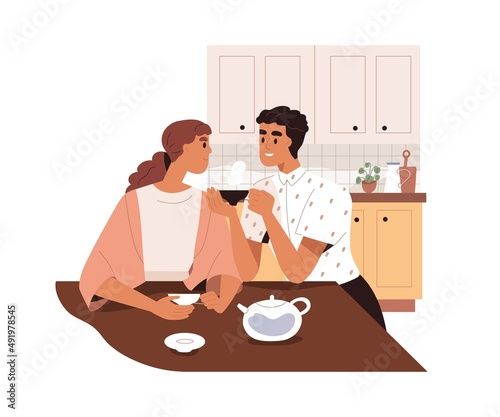 Love couple drinking tea at home kitchen. Happy romantic married man and woman. Husband and wife in cosy homey apartment, talking and relaxing. Flat vector illustration isolated on white background