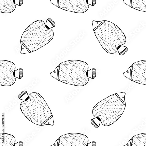 Seamless pattern with fishes. Black and white hand drawn vector illustration. Seamless background. Wallpaper design. Fabric design. Simple vector pattern with cute fishes.