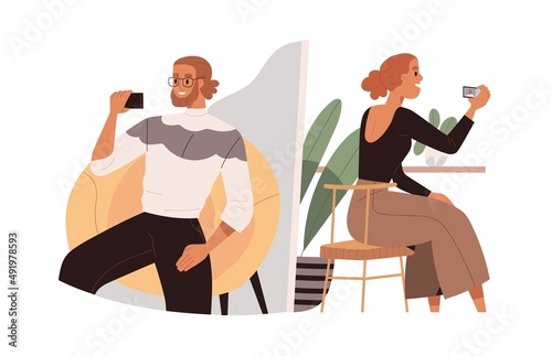 Man and woman at online video call with phones. Love couple chatting via internet with smartphone. Virtual romantic date. Remote communication. Flat vector illustration isolated on white background