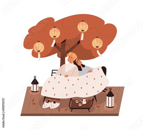 Homosexual love couple relaxing outdoors, sitting under plaid with tea. Happy romantic lesbian women in cosy evening. Girlfriends outdoor date. Flat vector illustration isolated on white background