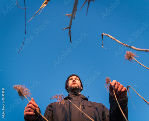 Young caucasian man in casual clothes walking in high dry grass. Bottom angle photo