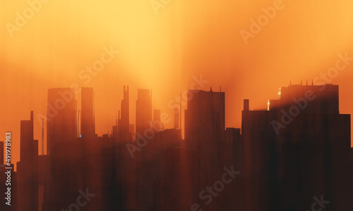 Future modern city silhouette in morning orange sunrise misty fog. Urban skyline background  3D illustration