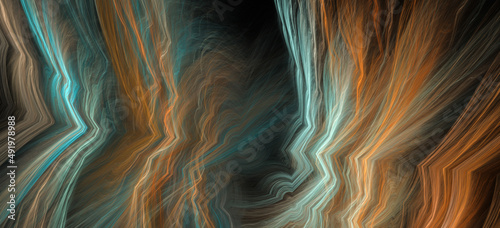 Abstract colorful fractal in blue and orange color. Marble, paint, liquid texture background