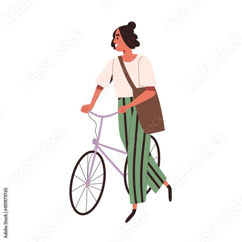 Happy woman cyclist walking and holding bicycles handlebar. Modern person going near bike. Smiling stylish female in casual clothes with tote bag. Flat vector illustration isolated on white background