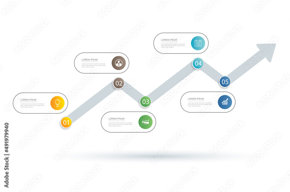 Infographics arrow timeline with 5 data template. Vector illustration abstract background. Can be used for workflow layout, business step, banner, web design. Infographics arrow timeline with 5 data template. Vector illustration abstract background. Can be used for workflow layout, business step, banner, web design.