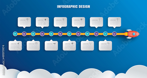 Startup infographics with 12 data template. Vector illustration abstract rocket paper art on blue background. Can be used for planning, strategy, workflow layout, business step, banner, web design.