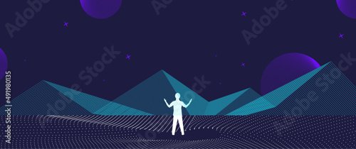 Businessman standing silhouette and Digital Contour curve dot and line and wave with wireframe. The concept for metaverse and VR technology
