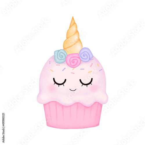Cute fairytale unicorn cupcake design. Watercolor style illustration