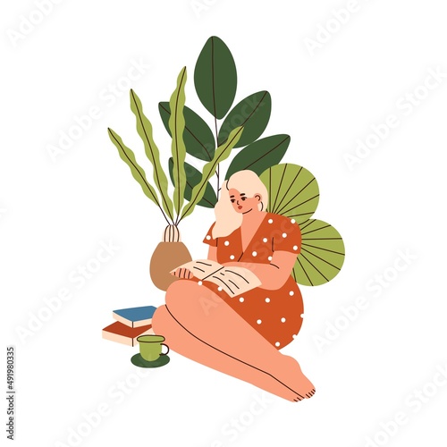 Woman reading books, magazines among green plants at home. Person reader in dress with novel literature, leaf houseplants and coffee cup. Flat vector illustration isolated on white background