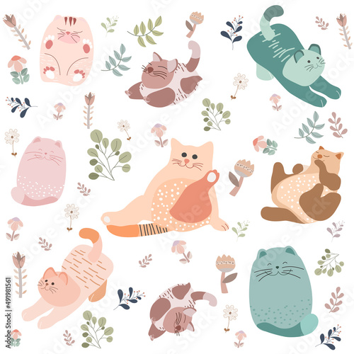 The seamless pattern.  cute hand-drawn set of cat character pose. Great for wallpaper, background, fabric, wrapping paper, poster, textile, backdrop, gift wrap, nursery, curtain, rug, carpet. 