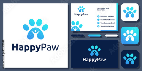 Happy People Paw Footprint Animal Pet Care Love Dog Cat Vector Logo Design with Business Card