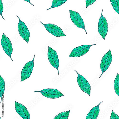 An endless pattern of green leaves on a white background  drawn in watercolor.