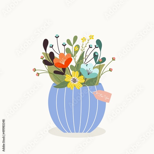 Spring bouquet of blooming red, blue and yellow wild flowers in vase. Bunch of flowers, plants and herb with blossomed buds in blue pot. Colored flat vector illustration isolated on white background