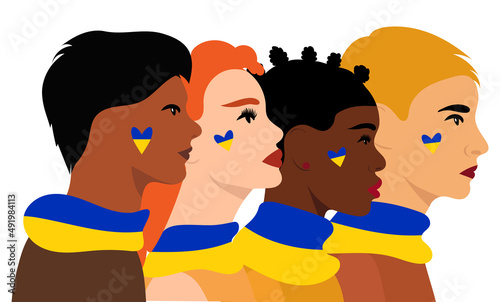 portrait of people with a yellow-blue heart and the flag of Ukraine on their necks.The concept of support for Ukraine, vector, isolated