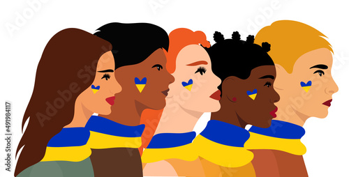 portrait of people with a yellow-blue heart and the flag of Ukraine on their necks.The concept of support for Ukraine by different countries and people