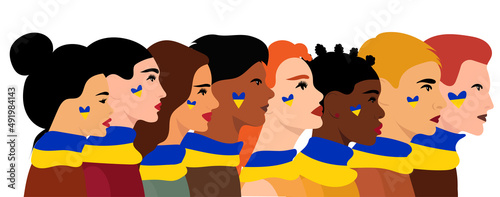portrait of people with a yellow-blue heart and the flag of Ukraine on their necks.The concept of support for Ukraine by different countries and people, vector