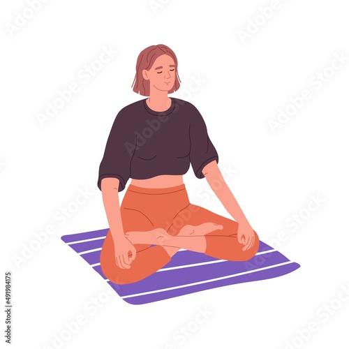 Person practicing yoga and meditation, sitting in zen asana. Calm, peaceful woman meditating in lotus position, relaxing in serenity and silence. Flat vector illustration isolated on white background