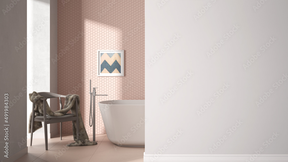 Modern pastel bathroom with bathtub on a foreground wall, tiles and armchair, decors, interior design architecture idea, concept with copy space, blank background Modern pastel bathroom with bathtub on a foreground wall, tiles and armchair, decors, interior design architecture idea, concept with copy space, blank background