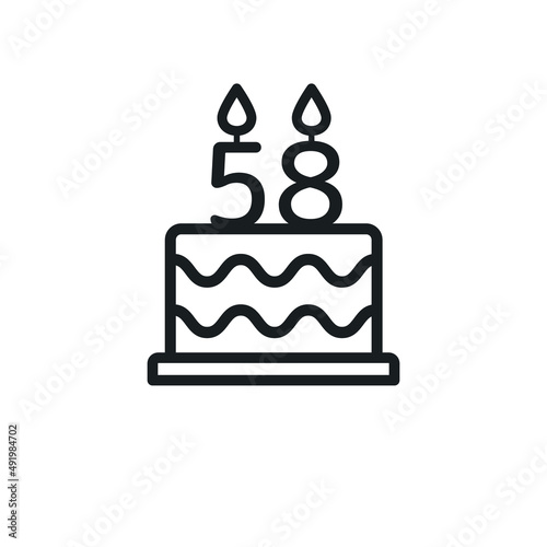 Birthday cake line icon with candle number 58 (fifty-eight). Vector.