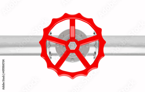 Glossy metal pipe with red valve from top view isolated on a white background.Vector illustration for business and industrial.