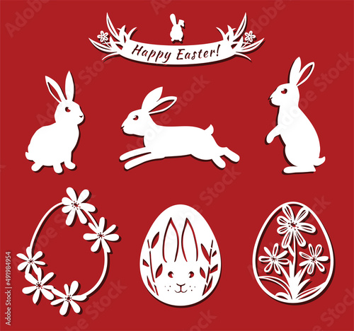 Easter bunny, eggs set. White fkirak eggs for laser cutting on red background. Icons for greeting card