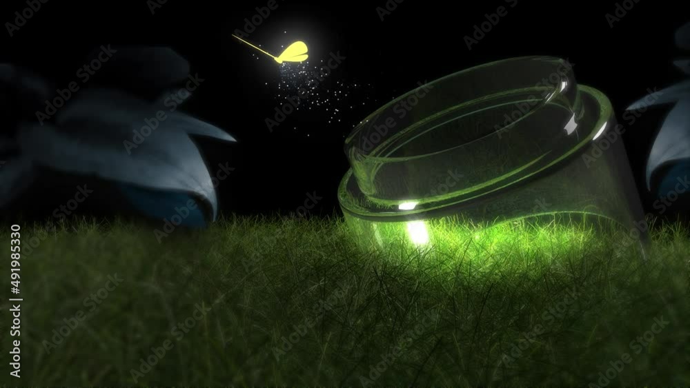 Glowing butterfly flying out of a clear jar in a fantasy world in 3D format.