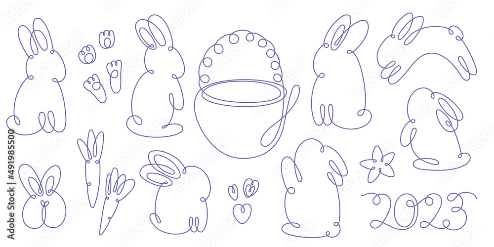 Bunny continuous line set. Water rabbit symbol of the year. Hand drawn cute illustration on a white background. Bunny continuous line set. Water rabbit symbol of the year. Hand drawn cute illustration on a white background.