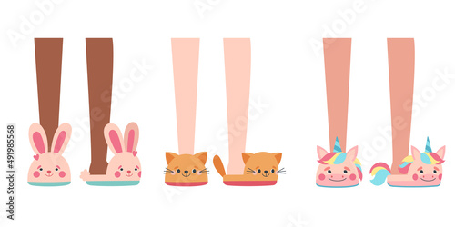 Cute bunny, cat and unicorn slippers. Fluffy rabbit home shoes. A cozy accessory for children. Illustration isolated on white background