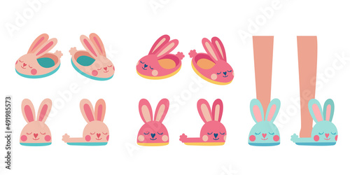 Cute bunny slippers. Fluffy rabbit home shoes. A cozy accessory for children. Illustration isolated on white background © Natallia
