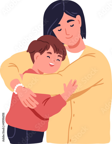 Mother and Son Hugging Colored Illustration