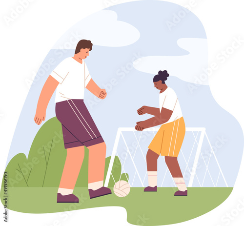Father and Kid Playing Soccer Together Colored Illustration