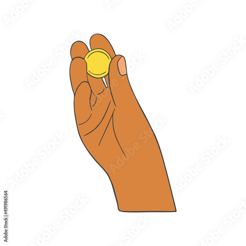 Gold coin squeezed in fingers icon. Hand holding gold cash, money, dollar. Finance help, charity, bonus and donation concept. Financial aid. Flat vector illustration isolated on white background