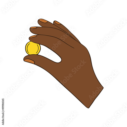 Gold coin squeezed in fingers icon. Hand holding gold cash, money, dollar. Finance help, charity, bonus and donation concept. Financial aid. Flat vector illustration isolated on white background