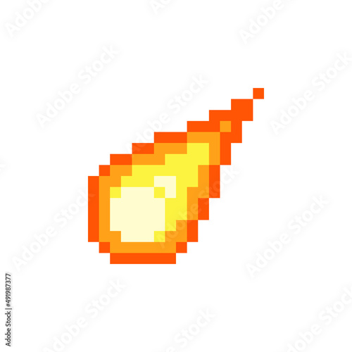 Comet, Flame meteorite pixel art icon. Meteor rain fall on planet. Cataclysm color icon. Comet vector illustration isolated on white background. Design for web site, app, sticker.