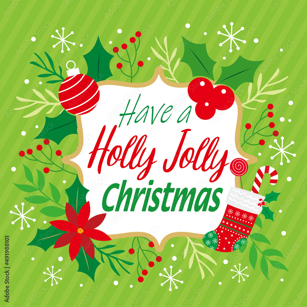 christmas greeting card with wreath and christmas lettering holly jolly