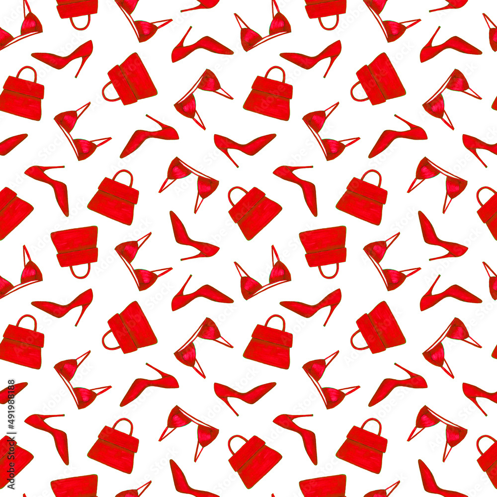 Seamless pattern with high heels glamour shoes, fashion bag, sexy bra. Hand drawn red pattern isolated on white background. Design for textile, wrapping paper, curtains, clothes, home decor. Seamless pattern with high heels glamour shoes, fashion bag, sexy bra. Hand drawn red pattern isolated on white background. Design for textile, wrapping paper, curtains, clothes, home decor.
