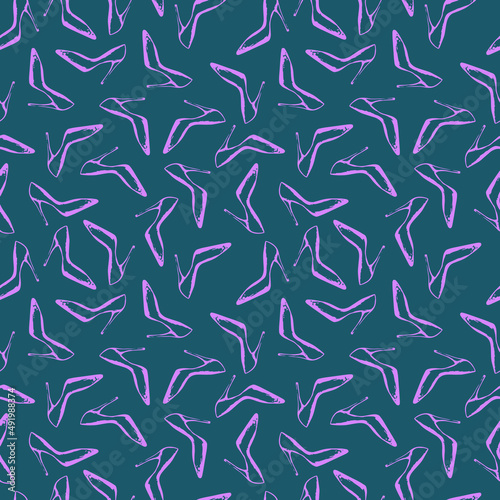 Seamless pattern with high heels glamour shoes. Hand drawn pattern with pink shoes isolated on emerald green background. Design for textile  wrapping paper  curtains  clothes  home decor.