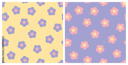 Set of simple retro flowers seamless repeat pattern backgrounds. Random placed, vector cute floral all over prints.