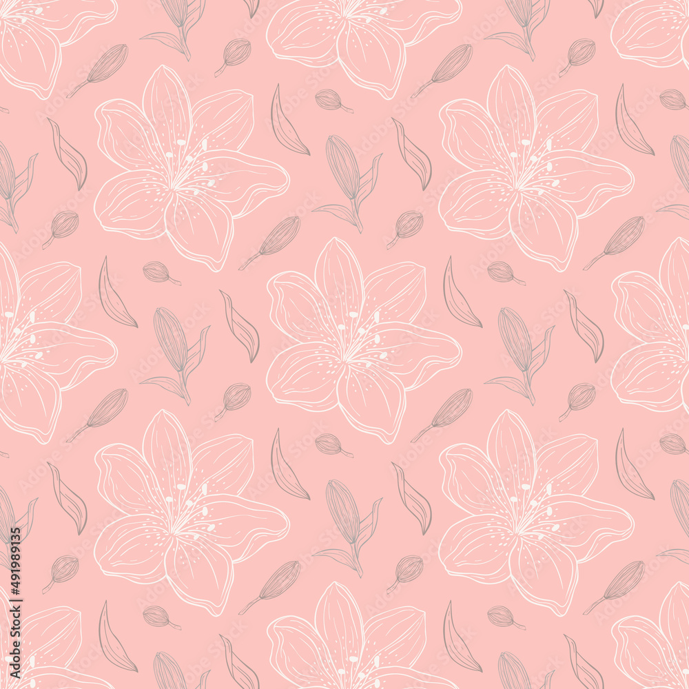 Hand drawn seamless pattern vector of flowers and leaves. Blooming lily. Decorative floral doodle illustration for greeting card, invitation, wallpaper, wrapping paper, fabric