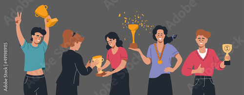 Winners. Women and men with medals and victory cups. People rejoice in victory. Set of vector images.