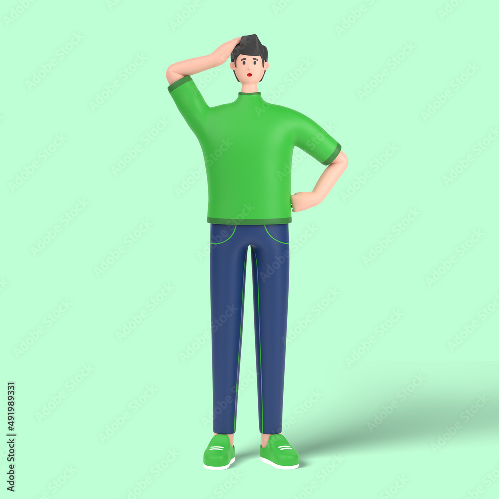 Fototapeta premium 3d male character confused and annoyed, holding hands on waist pose
