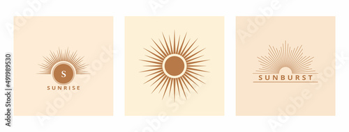 Hand drawn logo of Sun, sunburst, light rays in line art. Bohemian symbol bursting sun rays. Magic talisman, antique style, boho, tattoo, logo. Vector set illustration.