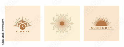 Hand drawn logo of Sun, sunburst, light rays in line art. Bohemian symbol bursting sun rays. Magic talisman, antique style, boho, tattoo, logo. Vector set illustration.