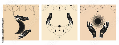 Mystical Sun with Moon, woman hands, eyes and stars in line art. Hand drawn cards of spiritual symbol celestial space. Magic talisman, boho, vintage, tattoo, logo. Vector sketch set illustration