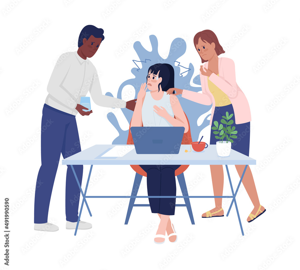 Panic episode at workplace semi flat color vector characters. Posing figures. Full body people on white. Reassuring colleagues simple cartoon style illustration for web graphic design and animation