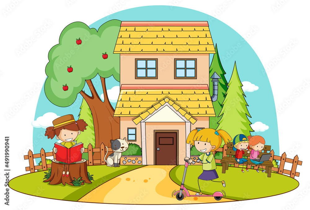 Fototapeta premium A simple house with kids in nature background