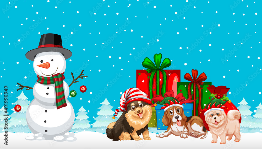 Christmas snowman and dogs on snowy blue background Christmas snowman and dogs on snowy blue background