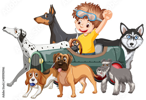 A boy with his dogs in cartoon style