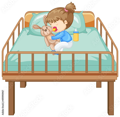 A sleeping girl on the bed with rabbit doll