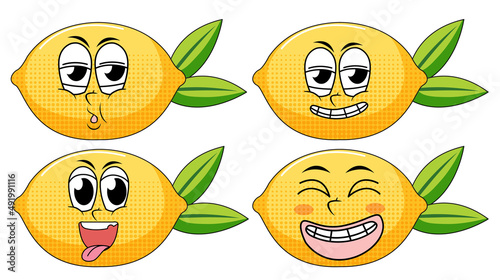Set of facial expression vintage style lemon cartoon on white background